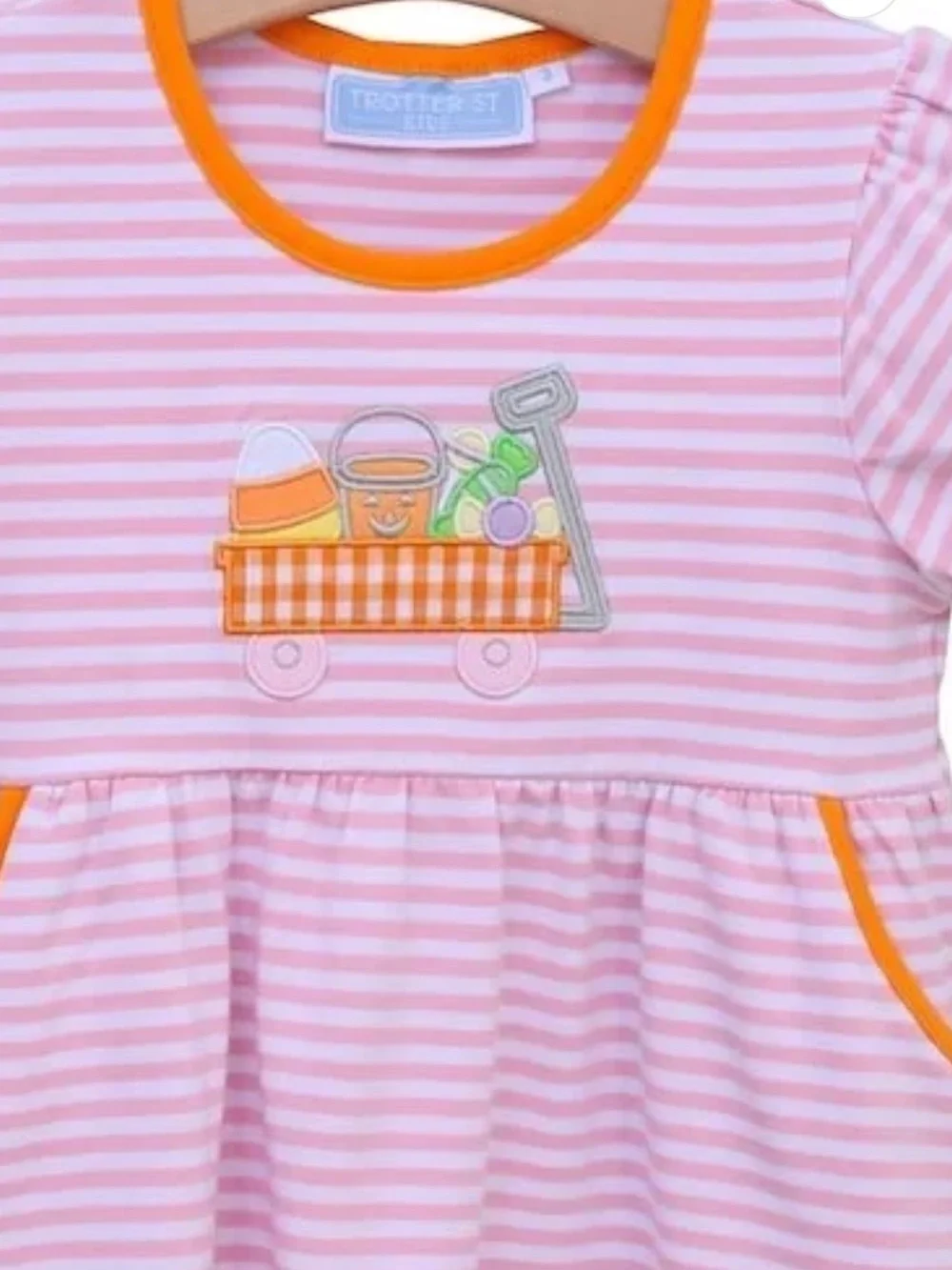 Trotter Street Kids pink  & White Striped Dress with Orange Trim and Applique
